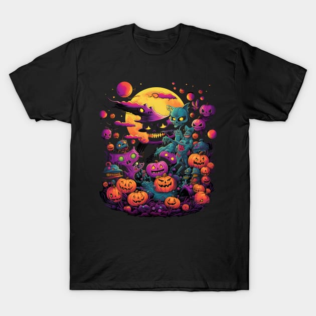 Ethereal Allure of Halloween: Vibrant Neo-Traditional Monsters Under the Full Moon T-Shirt by naars90